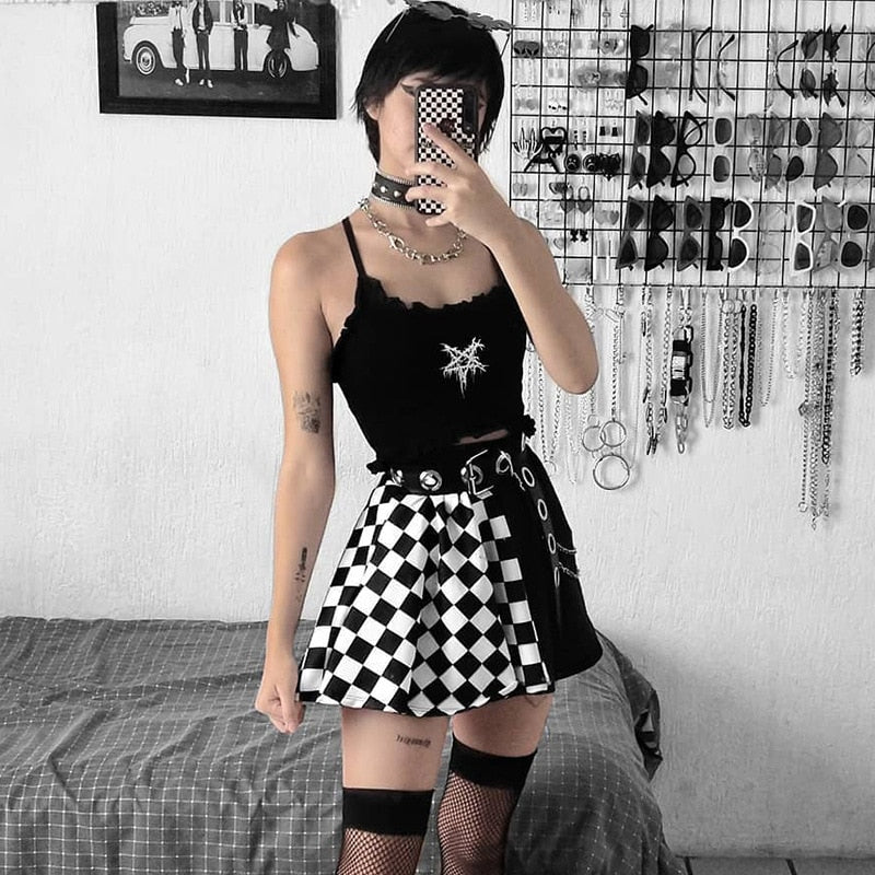 Grunge Black Skirt Outfit Grunge Checkered Skirt Trend Plaid Skirt