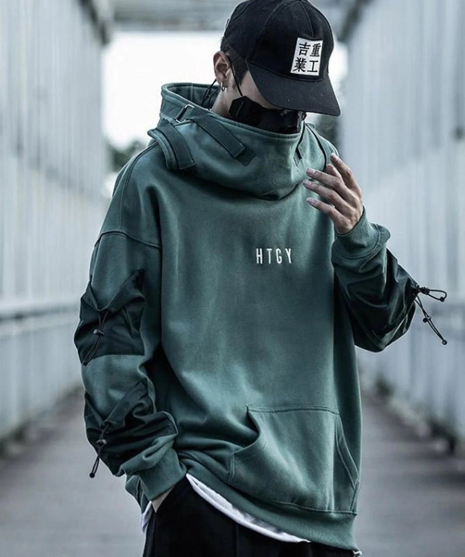 green techwear hoodie