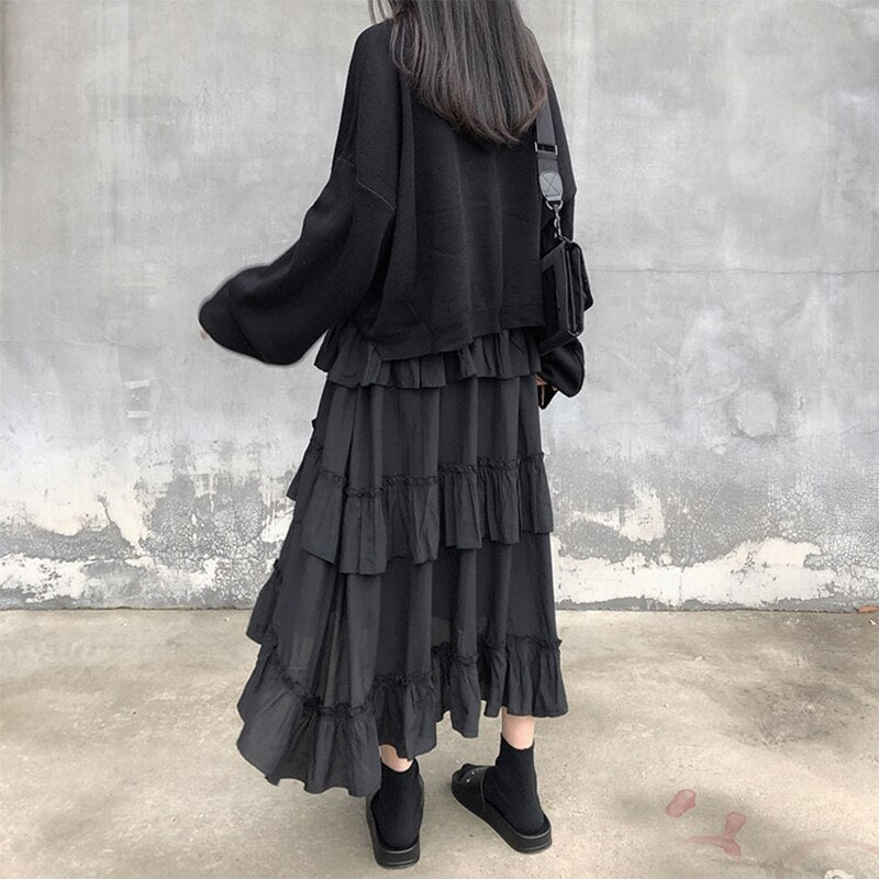 black long ruffle skirt