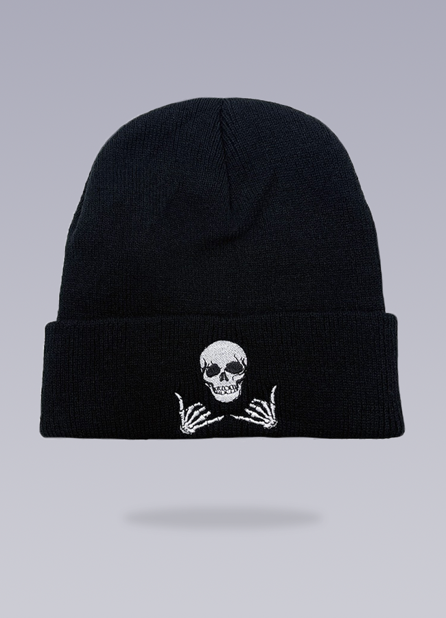 black beanie with skull