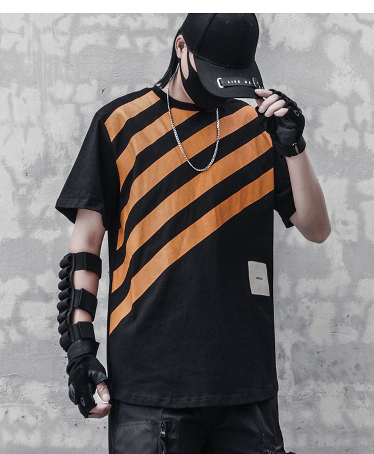 black and orange striped shirt