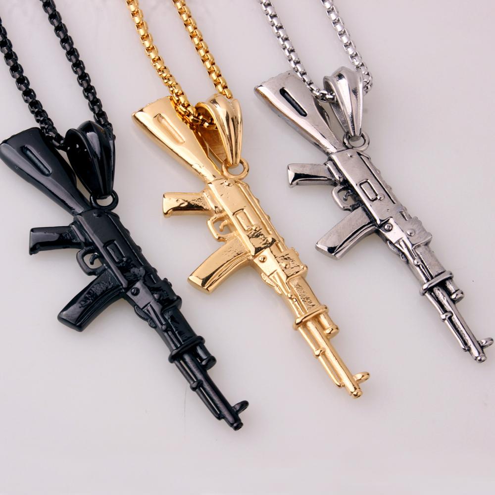 gun necklace -gun chain Fashion Men's Jewelry Hip Hop Titanium Stainless  Steel ak47 necklace,with 24 Chain (gold) | Amazon.com