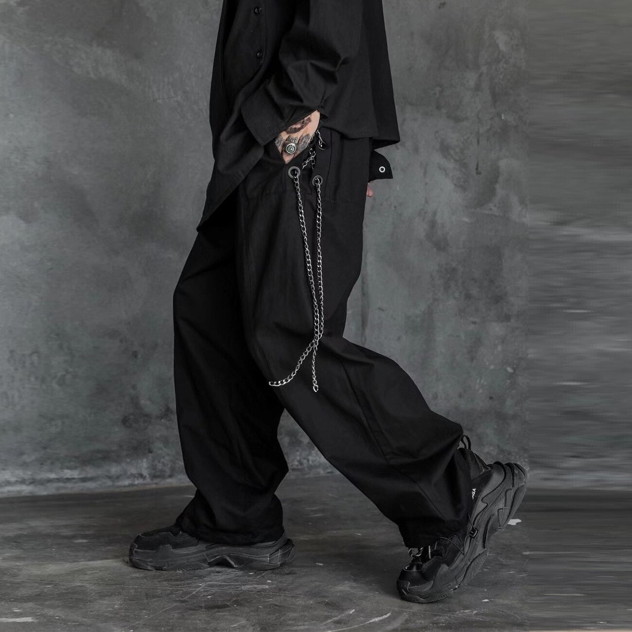baggy black pants with chain